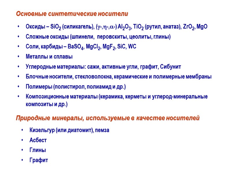 Оксиды – SiO2 (силикагель), (-,-,-) Al2O3, TiO2 (рутил, анатаз), ZrO2, MgO Сложные оксиды (шпинели,